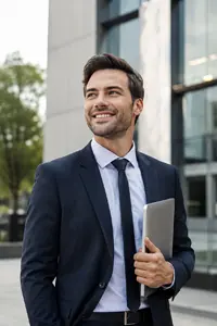 Confident professional outside an office building