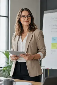 Professional woman holding a tablet in a modern office