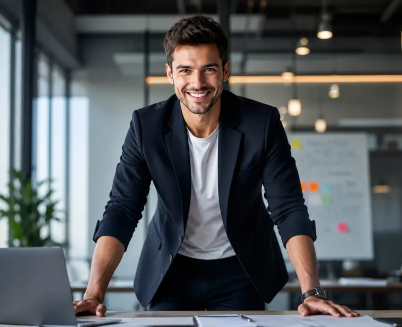 Confident professional leaning forward during a business discussion
