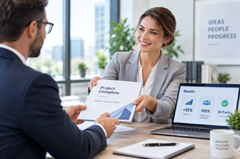 Consultant presenting completed project results to a client