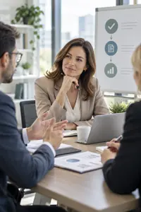 Consultants discussing progress during a structured review